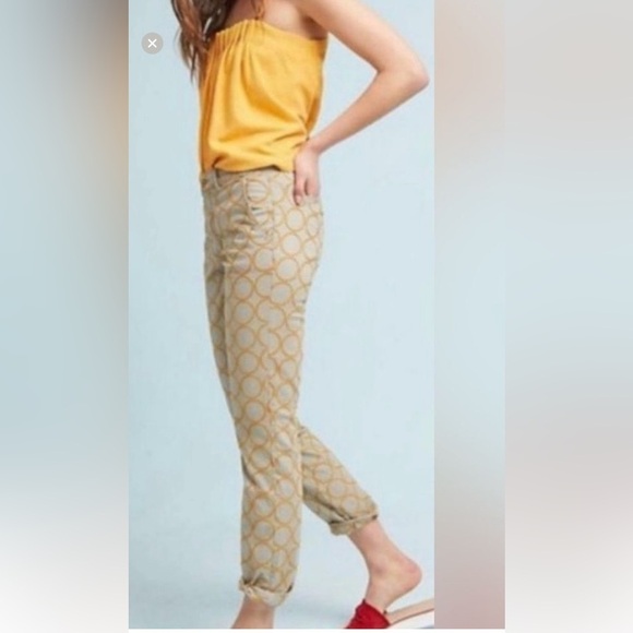 Anthropologie Chino Khaki and Gold Embroided Circle Ankle Pant / 27 / Relaxed - Picture 2 of 12
